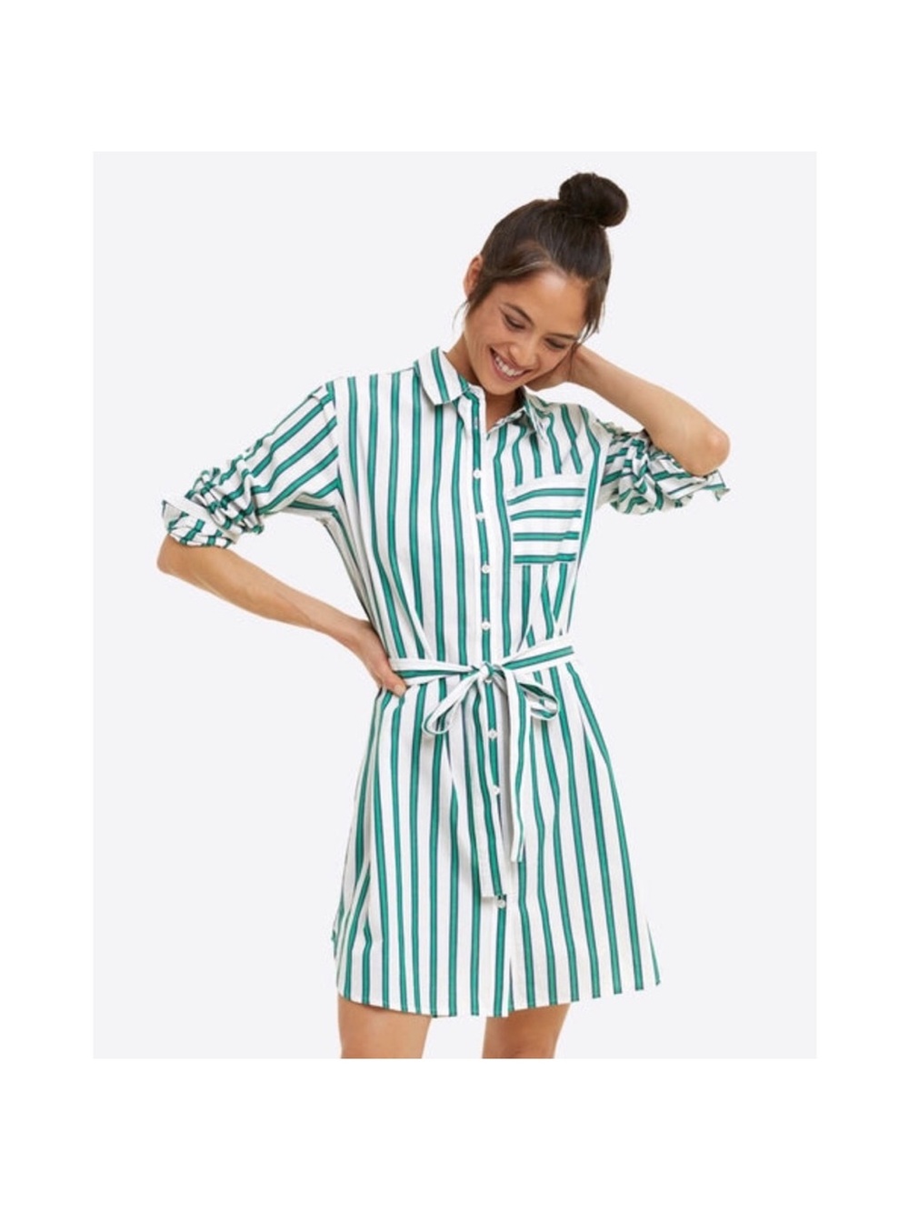 Draper James Green and White Striped Tie-Waist Shirt Dress
